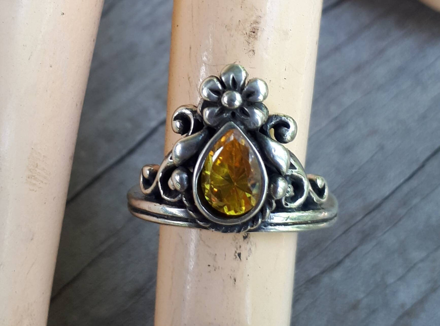 Flower ring,vintage scroll,sterling silver,purple cubic zirconia,art nouveau,long ring,lavender cz, victorian,boho,gypsy,handmade,crystal