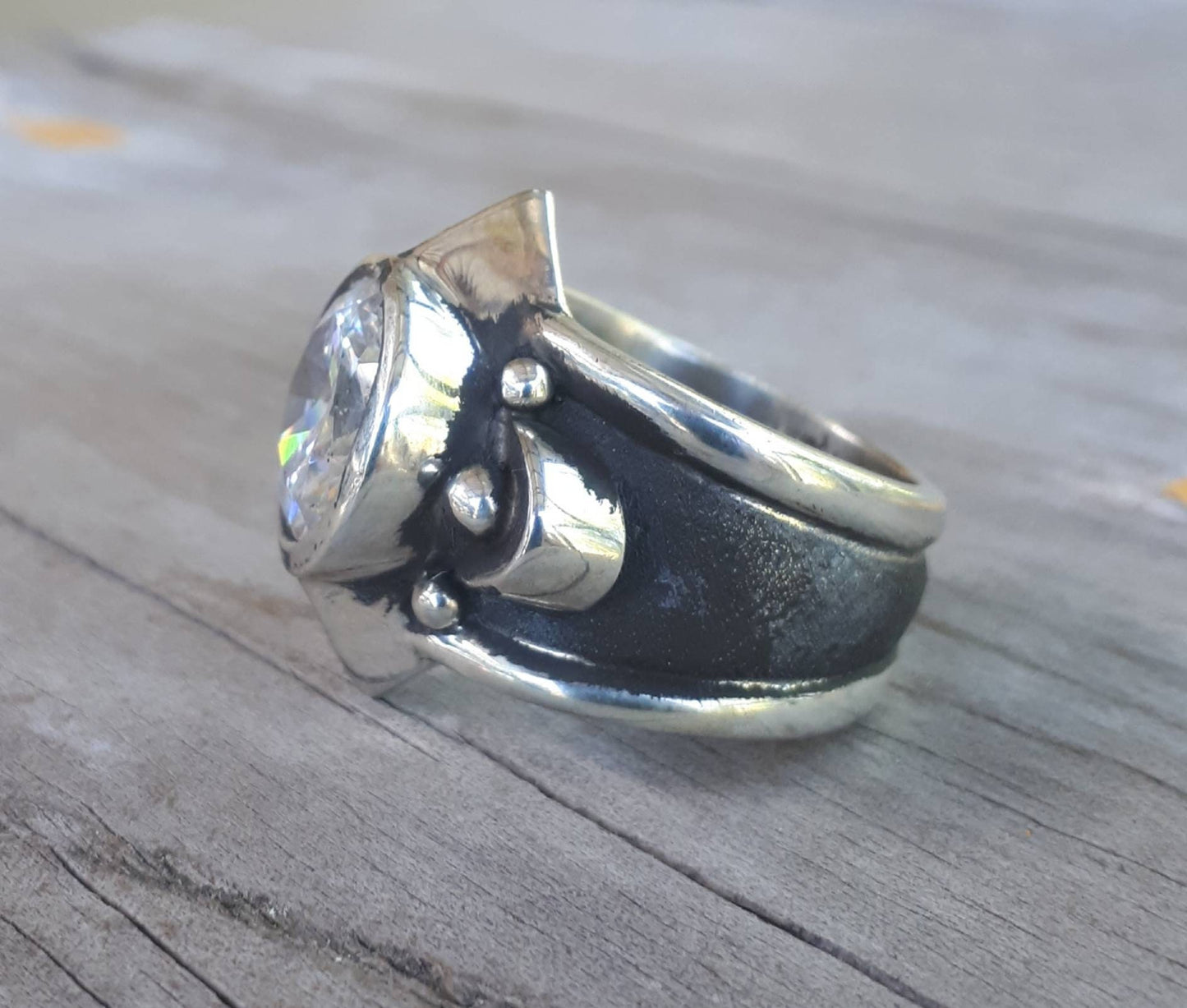 Chunky ring,sterling silver,cubic zirconia,steampunk,medieval,tribal,industrial,large silver ring,mans stone ring,unisex ring,
