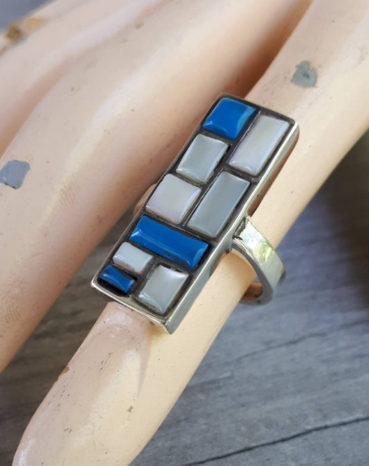 Long ring,mosaic,sterling silver,mother of pearl,turquoise ring,boho,goddess ring,new age,chunky ring,gypsy,large silver ring,stone ring,