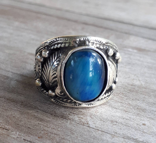 Blue tigers eye ring,sterling silver,hipster,Indian style,handmade, wedding,hipster,gemstone,boho,hippy,gypsy,mens fashion,unisex stone ring