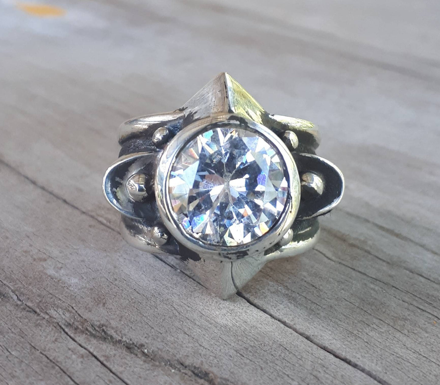 Chunky ring,sterling silver,cubic zirconia,steampunk,medieval,tribal,industrial,large silver ring,mans stone ring,unisex ring,