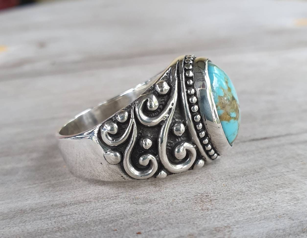Turquoise ring, sterling silver,maori koru,chunky ring, wedding ring,antique scroll,swirl ring,gemstone ring,mans stone ring,boho,hipster