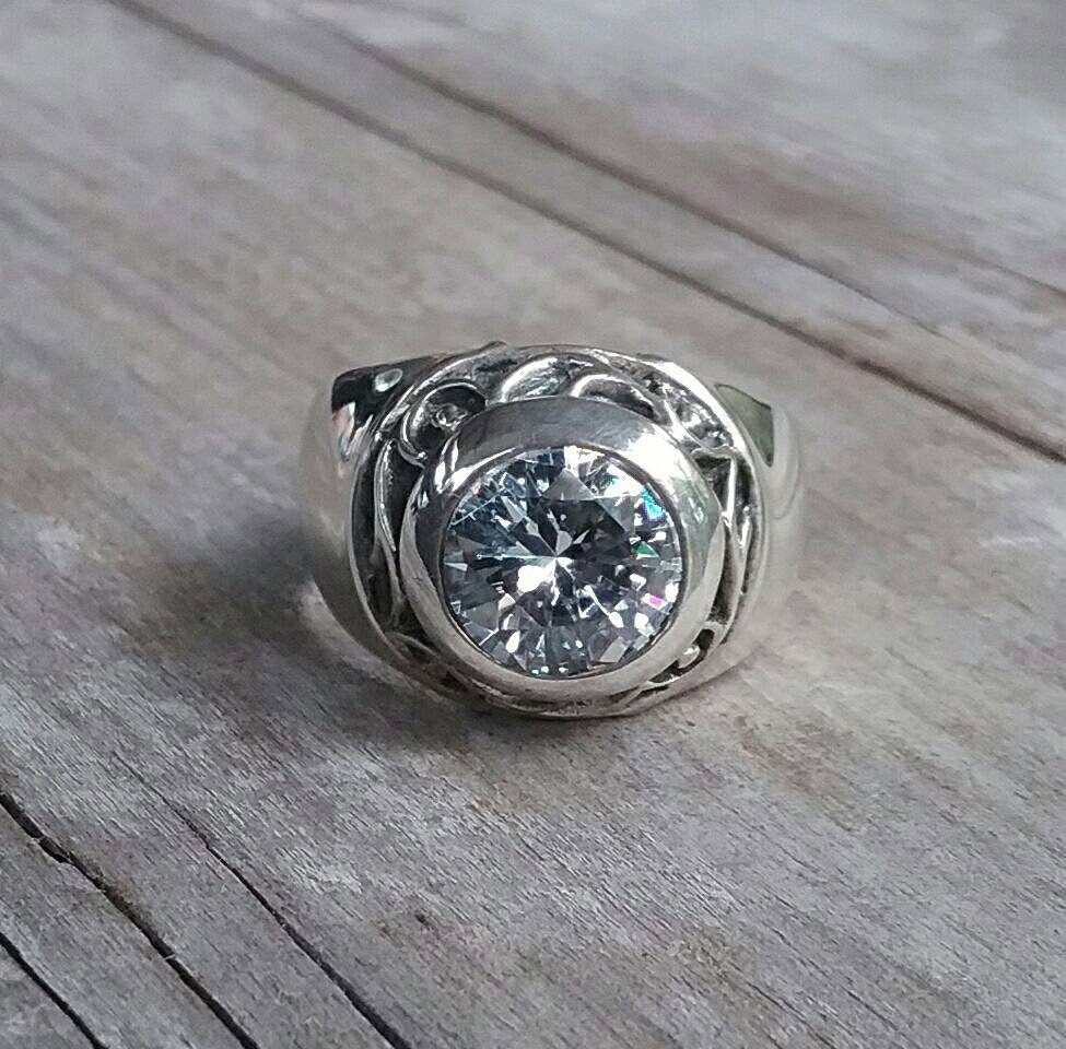 Black Cz ring,cubic zirconia,sterling silver,chunky ring, ornate,bespoke,scroll,vintage,black stone ring,hipster,handmade,boho,celtic,onyx