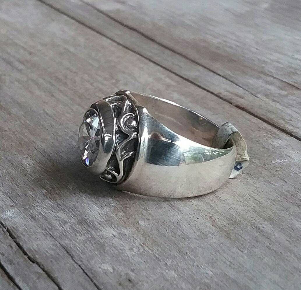 Black Cz ring,cubic zirconia,sterling silver,chunky ring, ornate,bespoke,scroll,vintage,black stone ring,hipster,handmade,boho,celtic,onyx