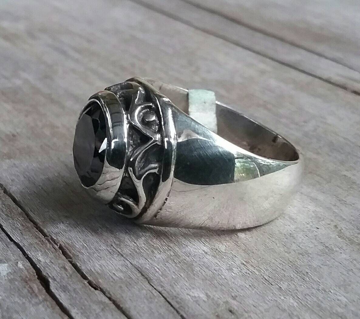 Black Cz ring,cubic zirconia,sterling silver,chunky ring, ornate,bespoke,scroll,vintage,black stone ring,hipster,handmade,boho,celtic,onyx