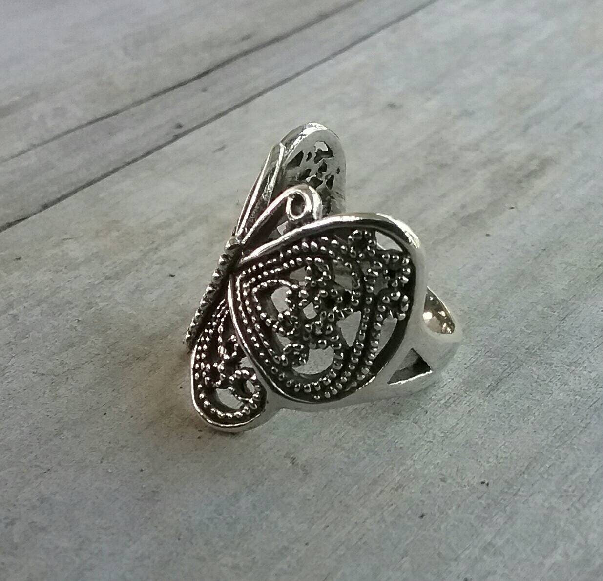butterfly filegree ring,boho,sterling silver,filegree,long ring,vintage,art nouveau,handmade,women's fashion,rockabilly,shabby chic,goddess,