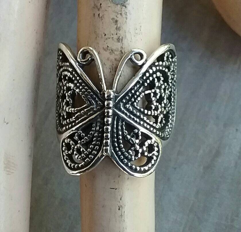 butterfly filegree ring,boho,sterling silver,filegree,long ring,vintage,art nouveau,handmade,women's fashion,rockabilly,shabby chic,goddess,