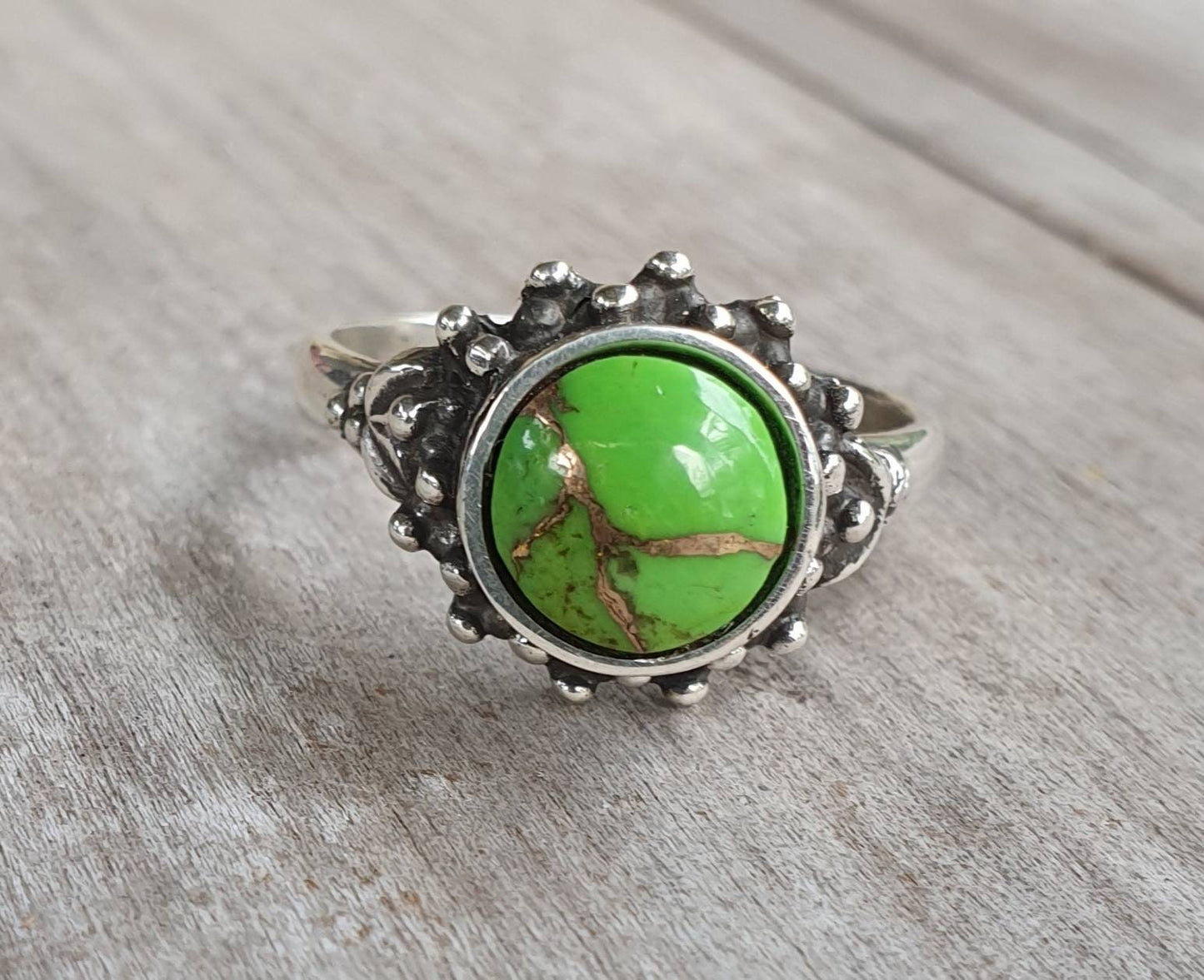 Turquoise  ring, green moshave,mosaic, sterling silver,handmade,goddess,boho,solitare ring,new age,ball ring,goddess