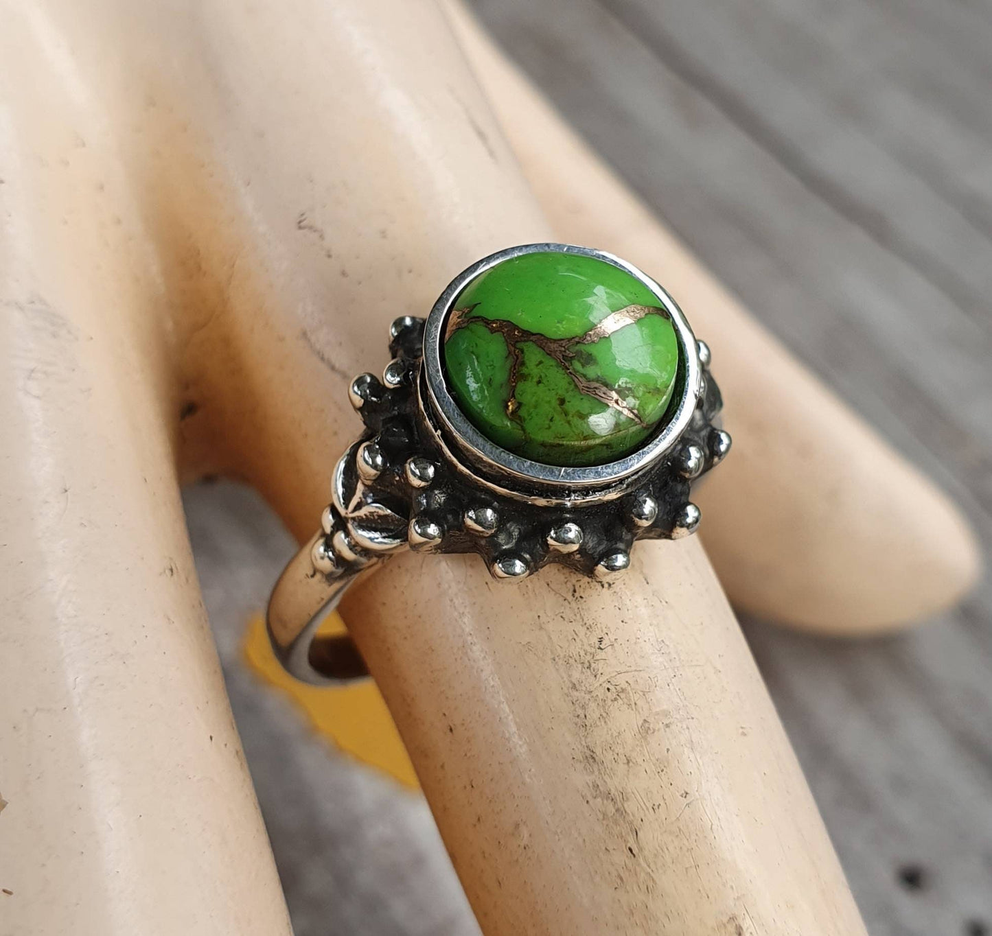 Turquoise  ring, green moshave,mosaic, sterling silver,handmade,goddess,boho,solitare ring,new age,ball ring,goddess