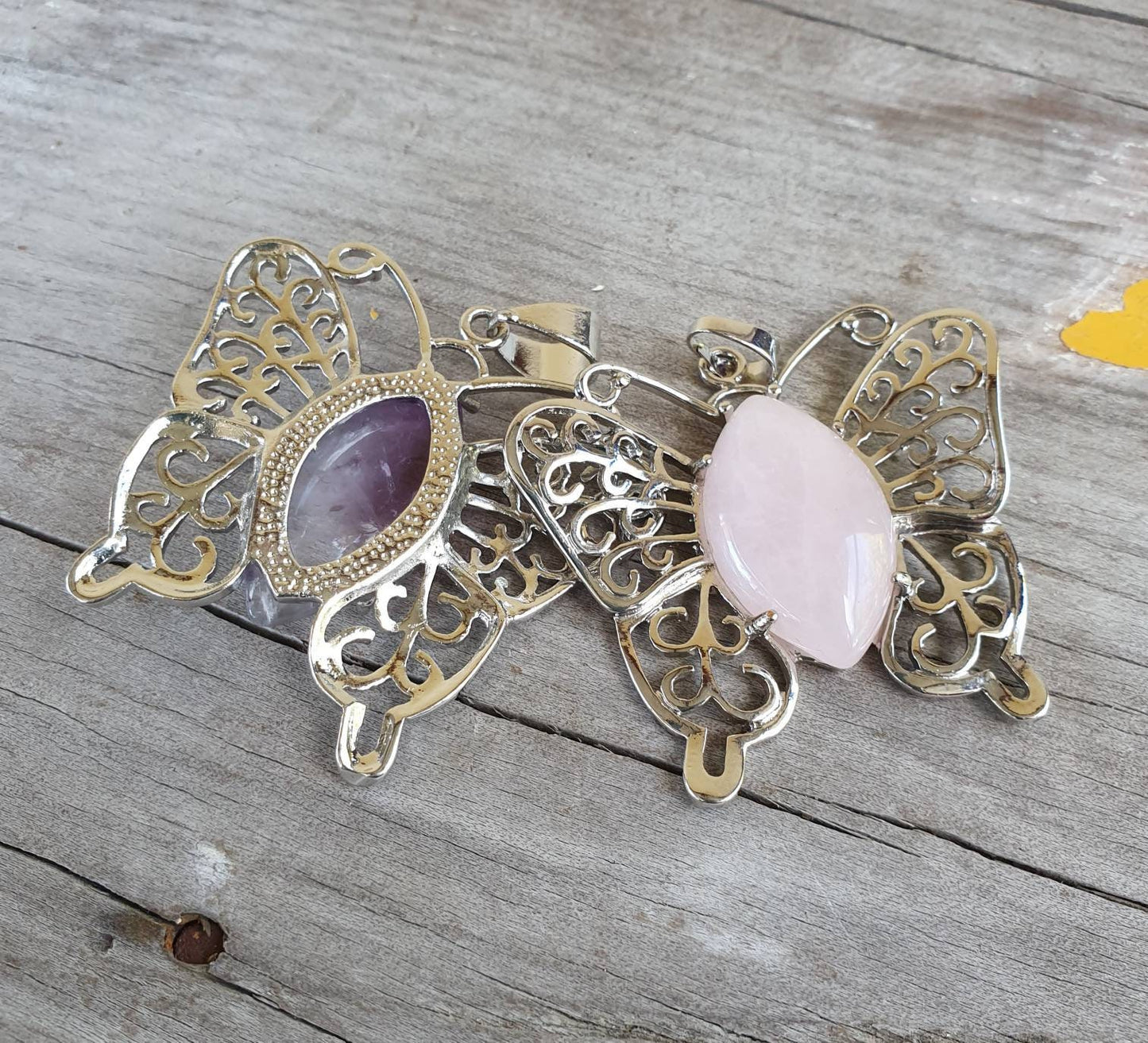 butterfly pendant,filegree,rose quartz pendant,boho,art nouveau,victorian,vintage,handmade,gypsy,women's fashion,