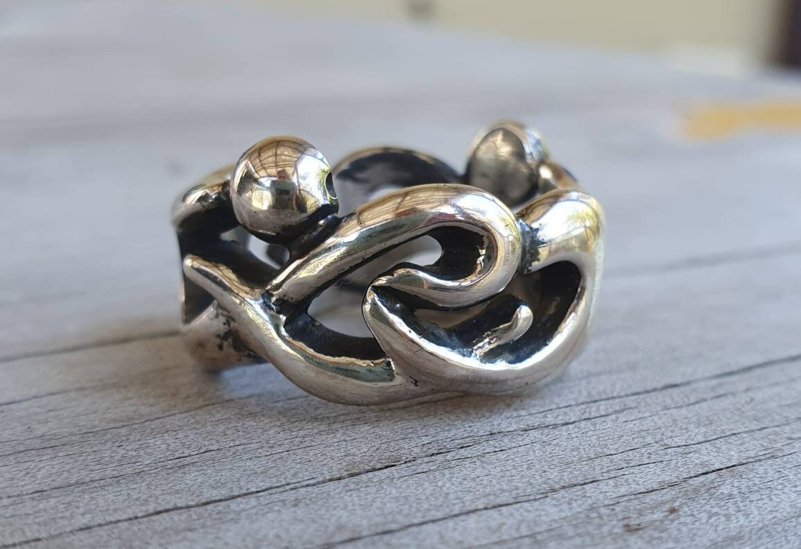 Tribal ring,sterling silver band,chunky ring,rustic,industrial,swirl,heavy band,mans wedding ring,boho,