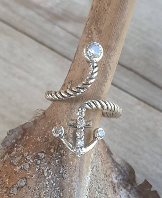 anchor ring,sterling silver,handmade,adjustable,cubic  zirconia,cz,nautical, sailor wedding, rockabilly,long silver ring