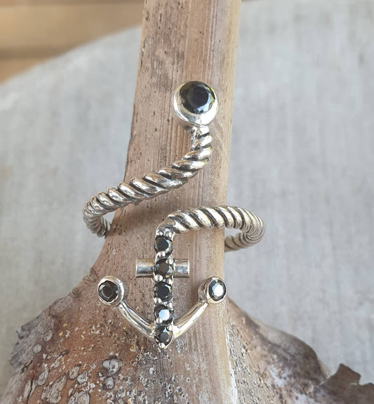 anchor ring,black cz,sterling silver, nautical,sailor wedding,rockabilly,adjustable long ring