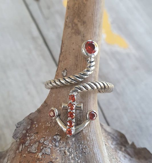 anchor ring,garnet,sterling silver,handmade,adjustable, nautical,sailor wedding, rockabilly,long ring,