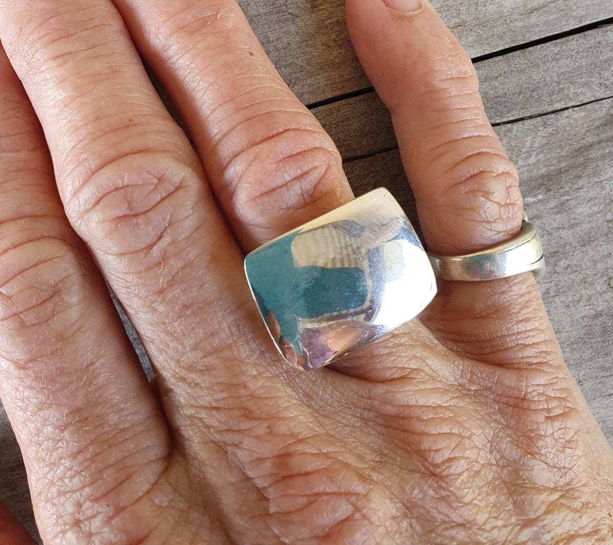 Large ring,plain rectangle top,chunky,sterling silver,suits small and large fingers,handmade ,ladies fashion,wide silver ring,square top.