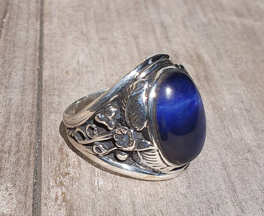 Blue tigers eye sterling silver dress wedding dress ring leaf pattern