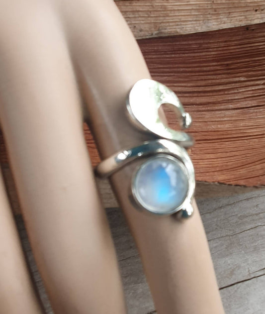 Moonstone ring,sterling silver,long ring,swirl, boho,hipster chic,womens fashion,goddess,hand made