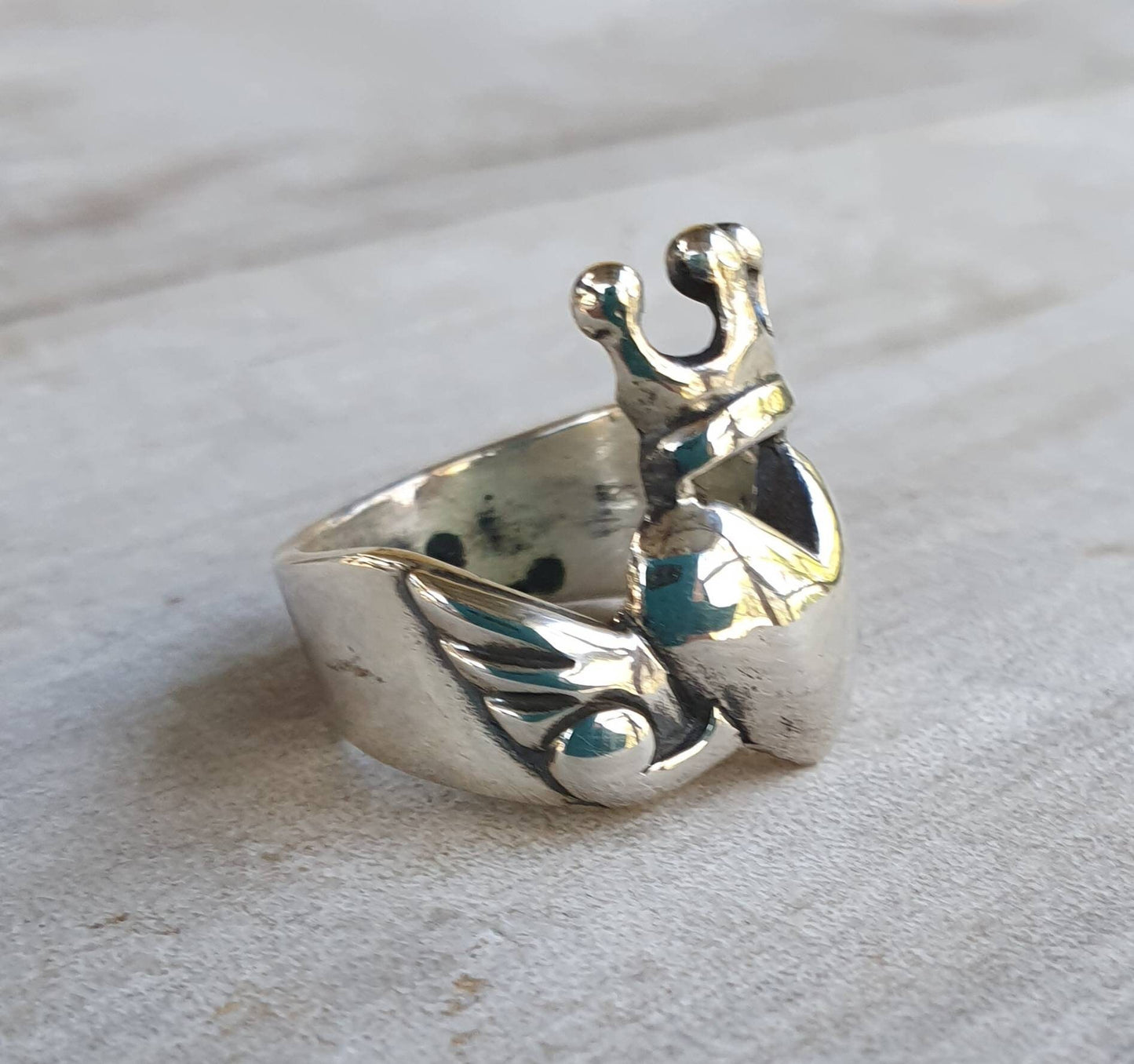 sacred heart ring,sterling silver,crown ring,long ring,handmade,goddess,angelwings,rockabiily,heart ring, gothic,,grunge,lolita, boho