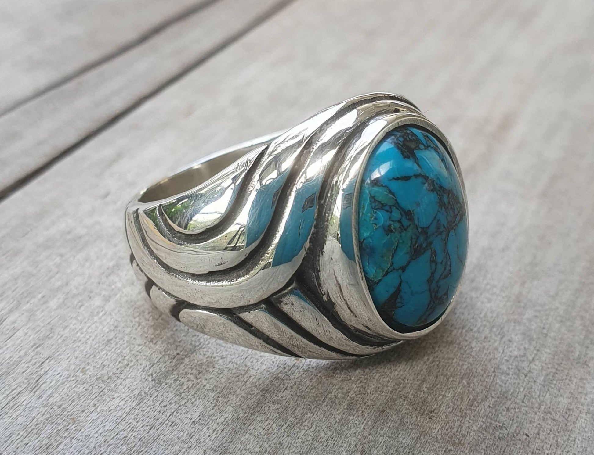Turquoise ring, sterling silver,chunky,heavy and solid,modern bespoke,boho,mans dress wedding dress ring