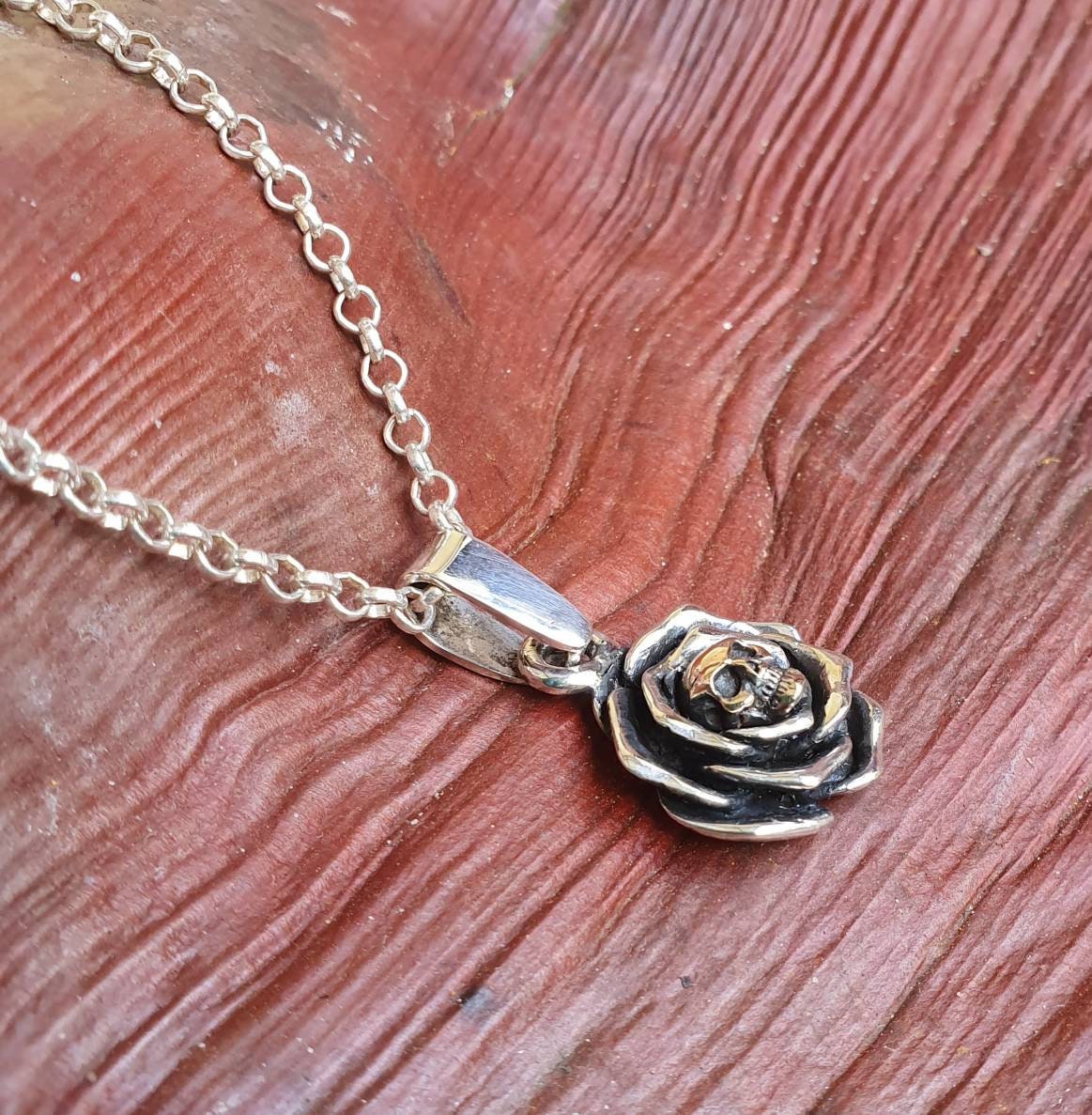 Gold Skull rose pendant ,9ct gold skull,sterling silver,two tone, steampunk,biker,hipster,sugar skull,boho,flower,chunky ring,handmade,