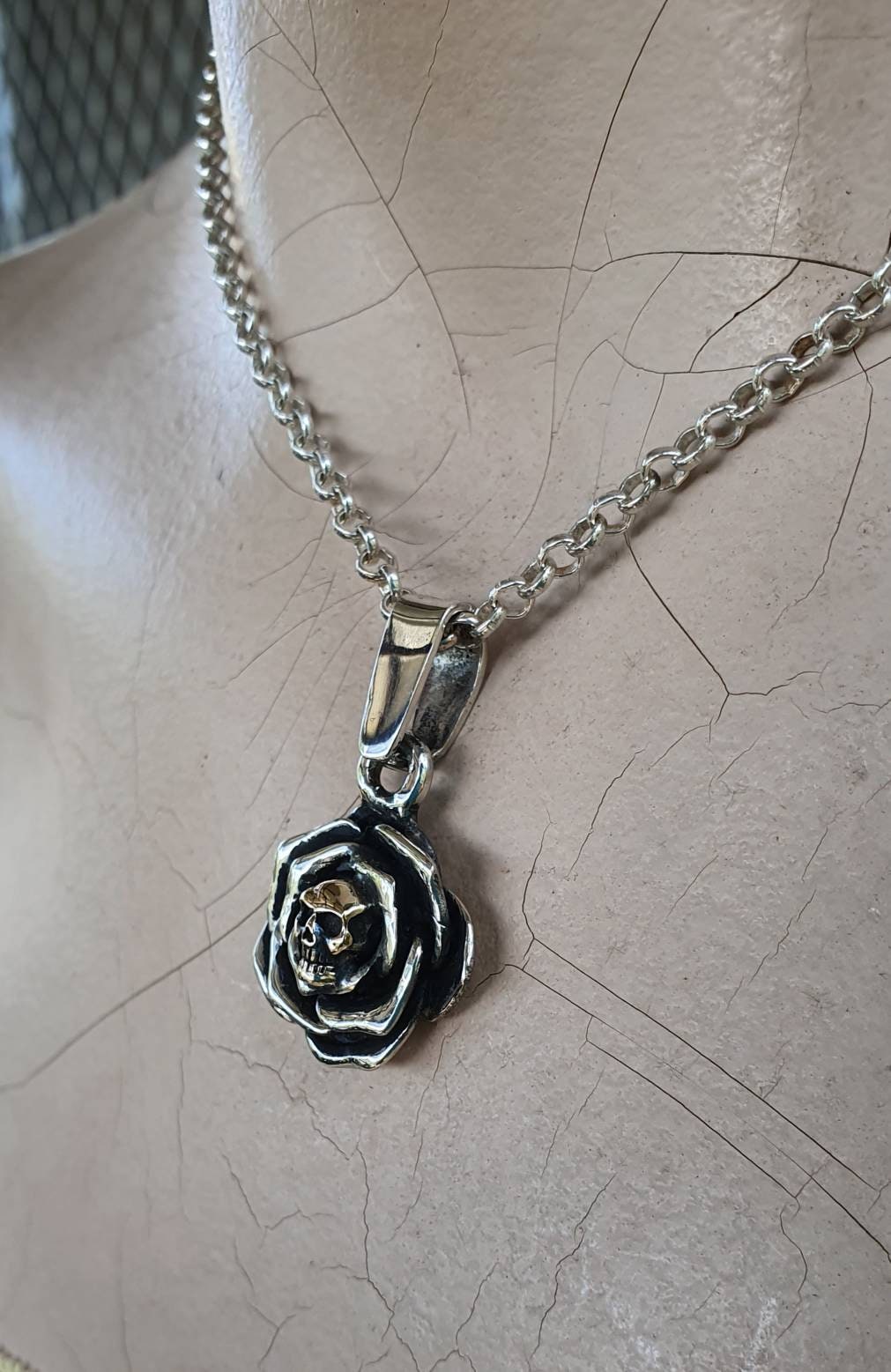 Gold Skull rose pendant ,9ct gold skull,sterling silver,two tone, steampunk,biker,hipster,sugar skull,boho,flower,chunky ring,handmade,