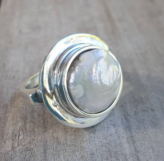 Large ring,coin pearl,sterling silver, freshwater freeform pearl,chunky ring,wedding ring,boho,handmade, retro ring,modern,