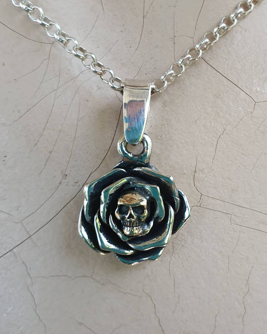 Gold Skull rose pendant ,9ct gold skull,sterling silver,two tone, steampunk,biker,hipster,sugar skull,boho,flower,chunky ring,handmade,