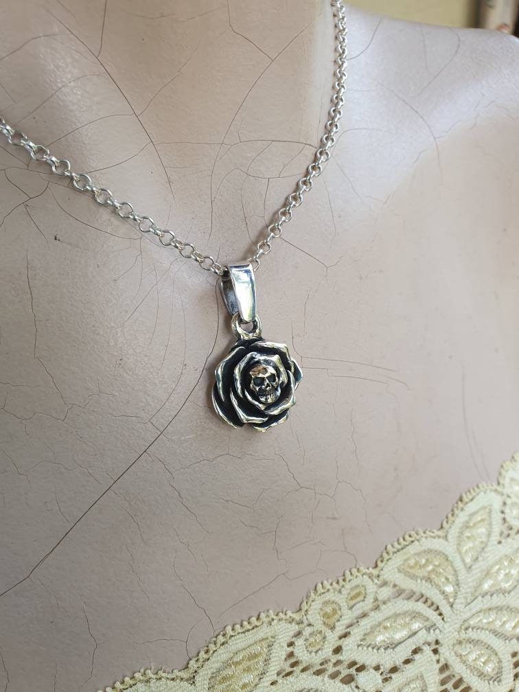 Gold Skull rose pendant ,9ct gold skull,sterling silver,two tone, steampunk,biker,hipster,sugar skull,boho,flower,chunky ring,handmade,