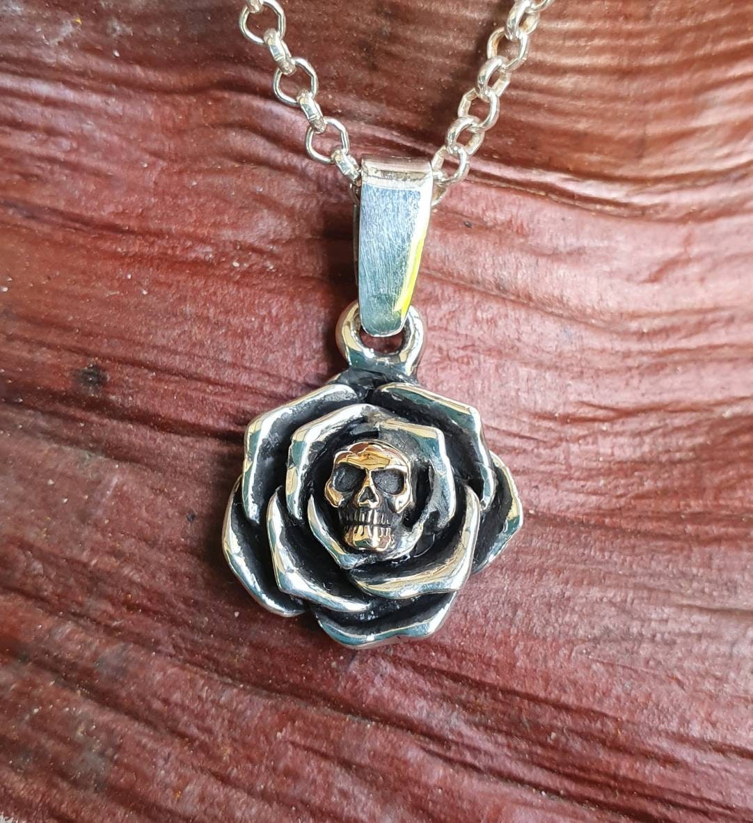 Gold Skull rose pendant ,9ct gold skull,sterling silver,two tone, steampunk,biker,hipster,sugar skull,boho,flower,chunky ring,handmade,