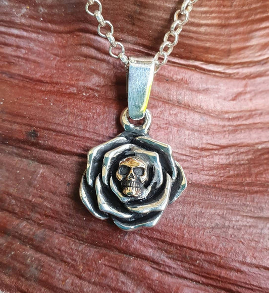 Gold Skull rose pendant ,9ct gold skull,sterling silver,two tone, steampunk,biker,hipster,sugar skull,boho,flower,chunky ring,handmade,
