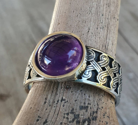 Amethyst ring,Celtic band,sterling silver,tribal,ethnic,Maori, scroll ring,