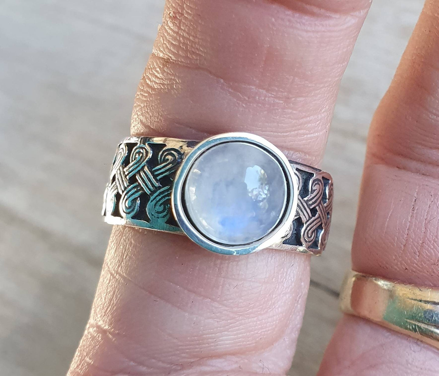 Moonstone ring,Celtic band,sterling silver,tribal,ethnic,Maori, scroll ring,