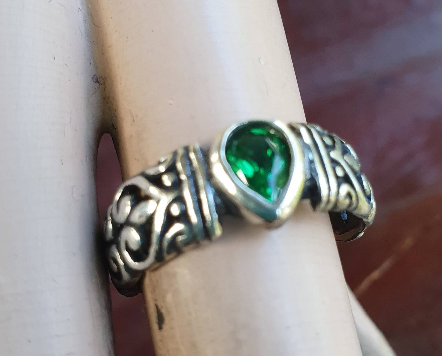 Filegree ring,sterling silver,green cz,flower,boho,handmade,gypsy,goddess,women fashion