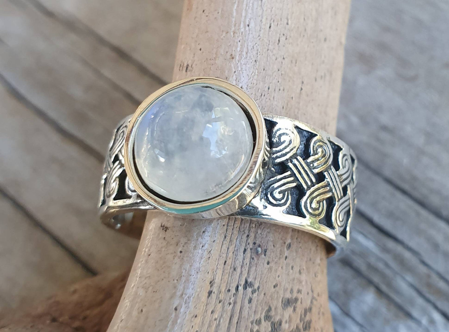 Moonstone ring,Celtic band,sterling silver,tribal,ethnic,Maori, scroll ring,