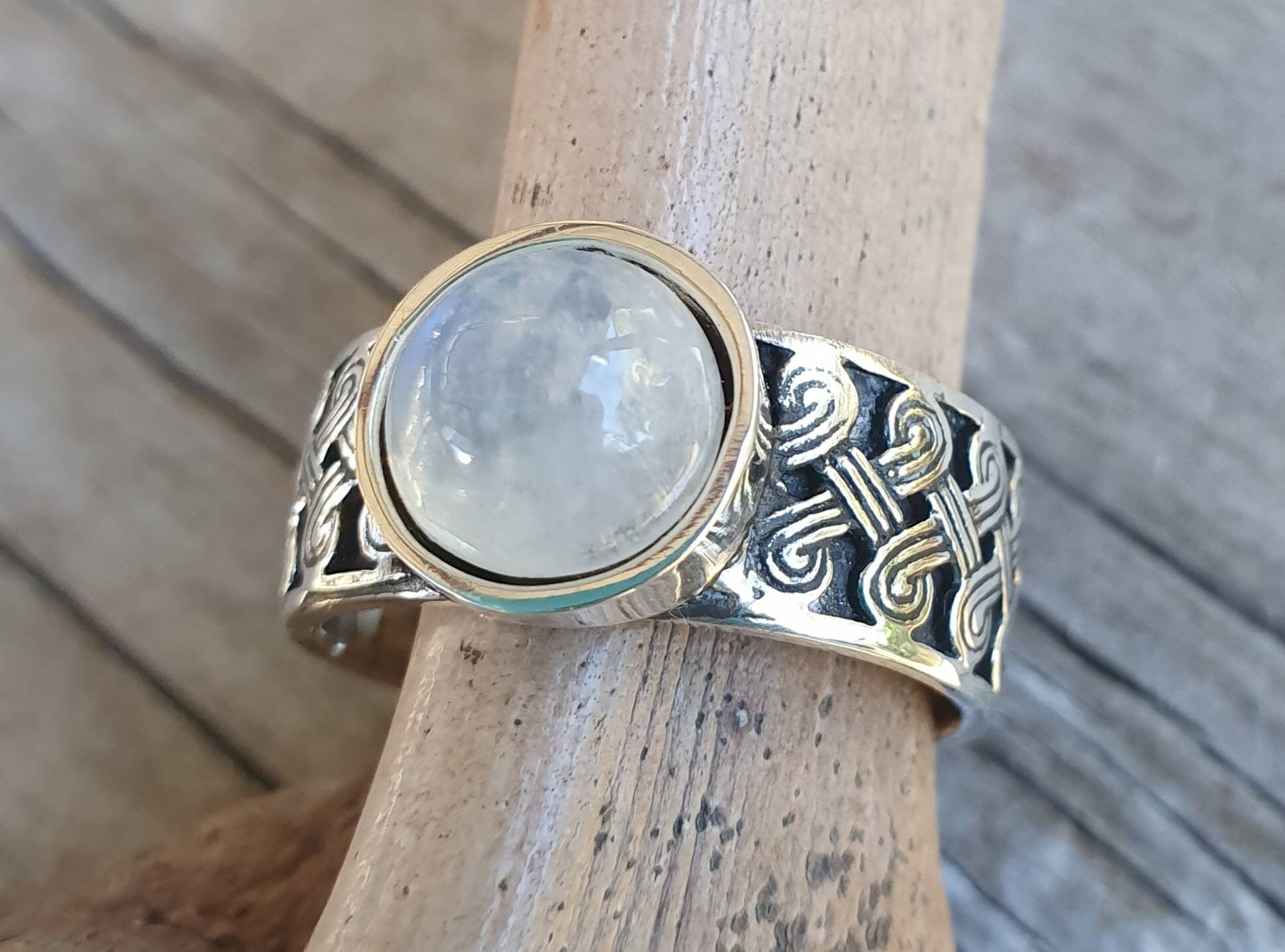 Moonstone ring,Celtic band,sterling silver,tribal,ethnic,Maori, scroll ring,