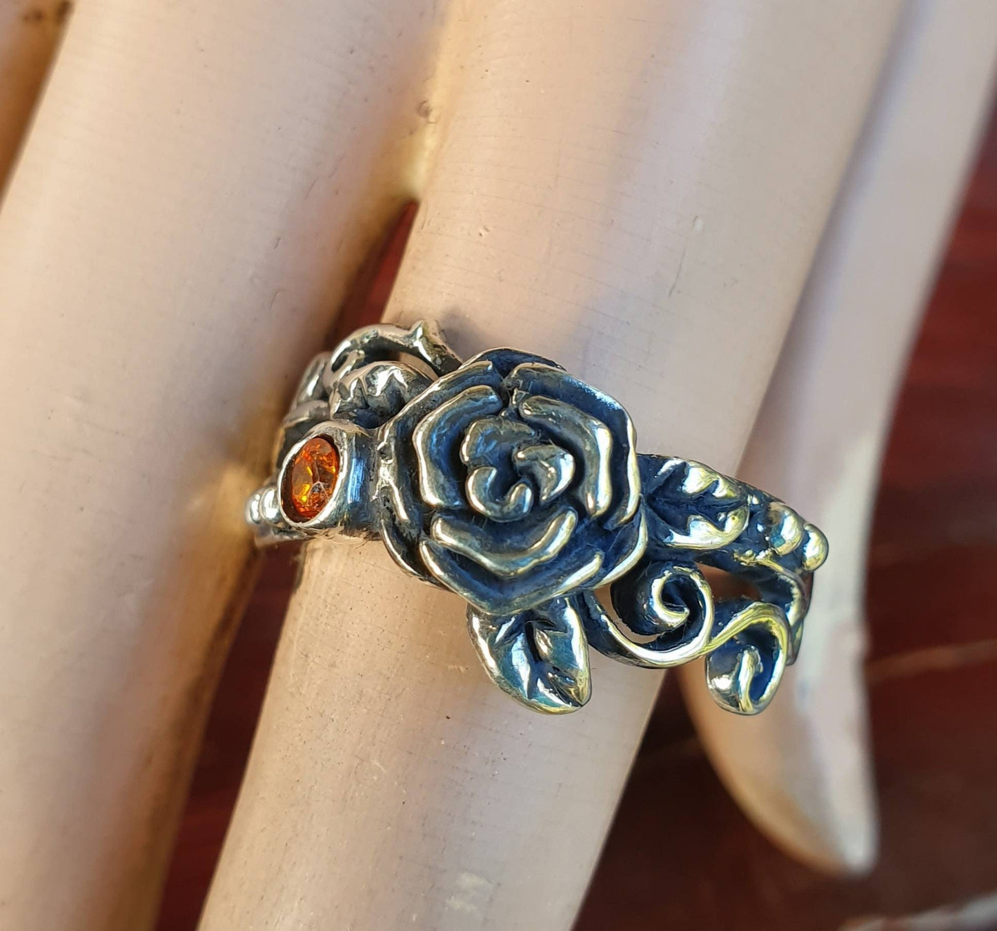 rose ring,sterling silver,orange cz,flower,boho, steampunk,gothic,art nouveau ,victorian,vintage,handmade,gypsy,goddess,women fashion