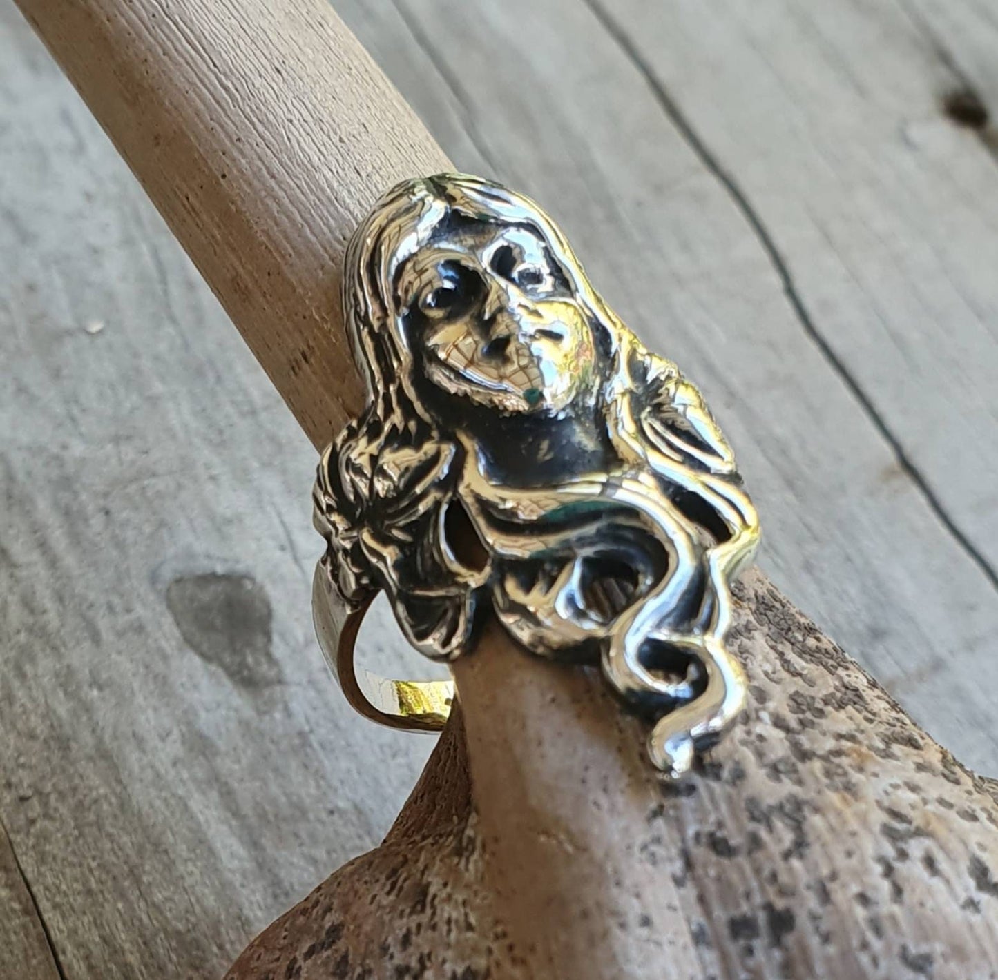 Ladies face,art nouveau,ladies head,sterling silver, goddess,gothic, victorian,boho,shic,gypsy,hippy,long ring,handmade,women's fashion,deco