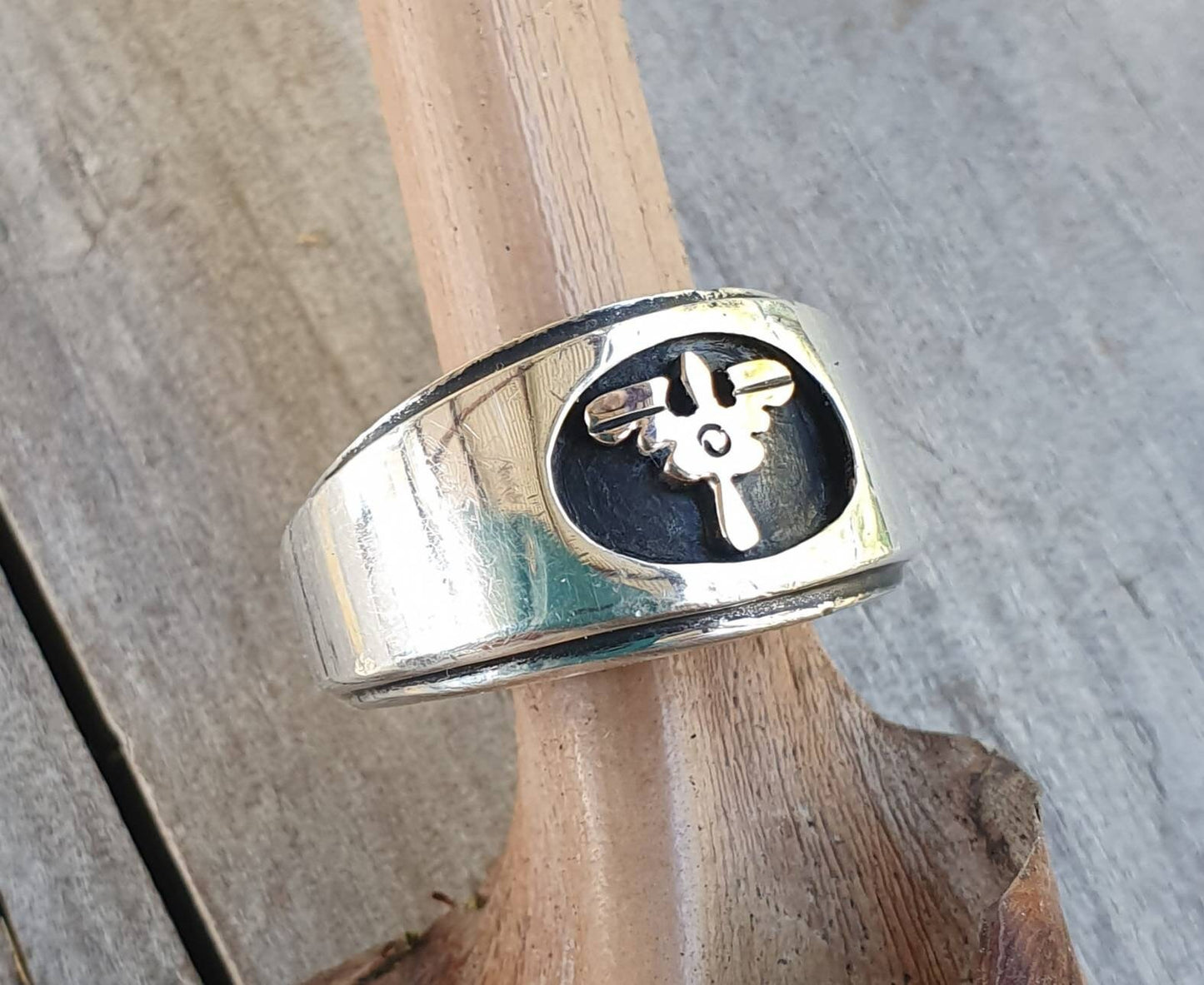 Military ring,two tone signet ring,10k gold and sterling silver,aviation,parachutist, gold symbol , wedding ring,winged   symbol