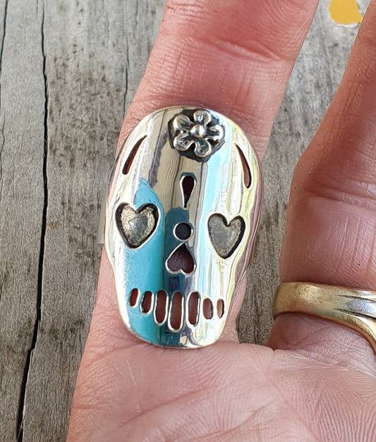 sugar skull,long silouette ring,sterling silver,day of the dead, skull,steampunk,gothic, punk,women's skull ring,long silver ring,handmade,