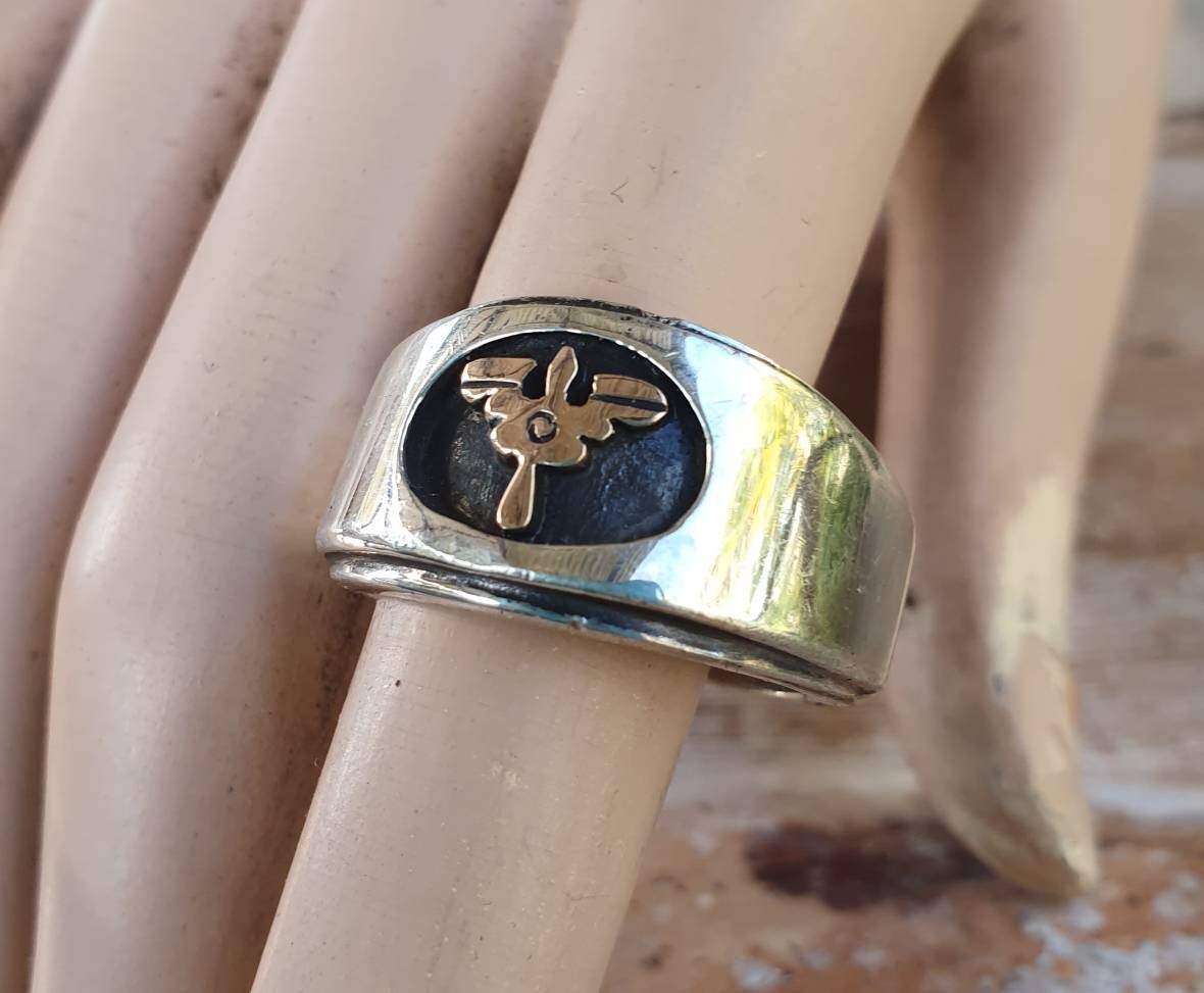 Military ring,two tone signet ring,10k gold and sterling silver,aviation,parachutist, gold symbol , wedding ring,winged   symbol