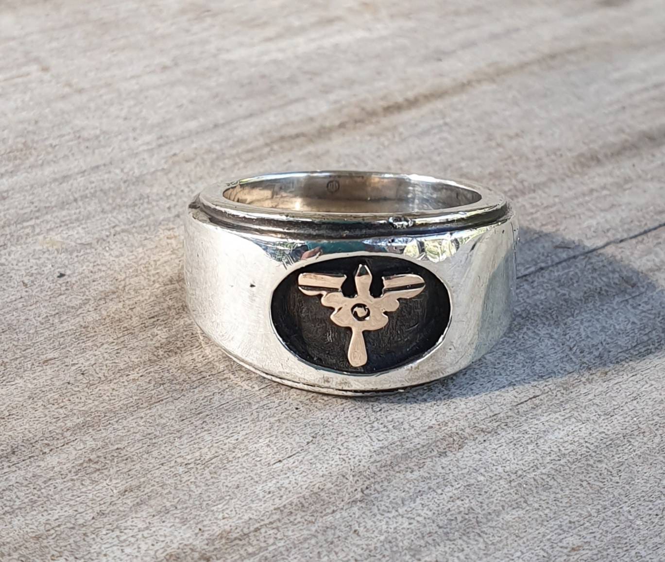 Military ring,two tone signet ring,10k gold and sterling silver,aviation,parachutist, gold symbol , wedding ring,winged   symbol