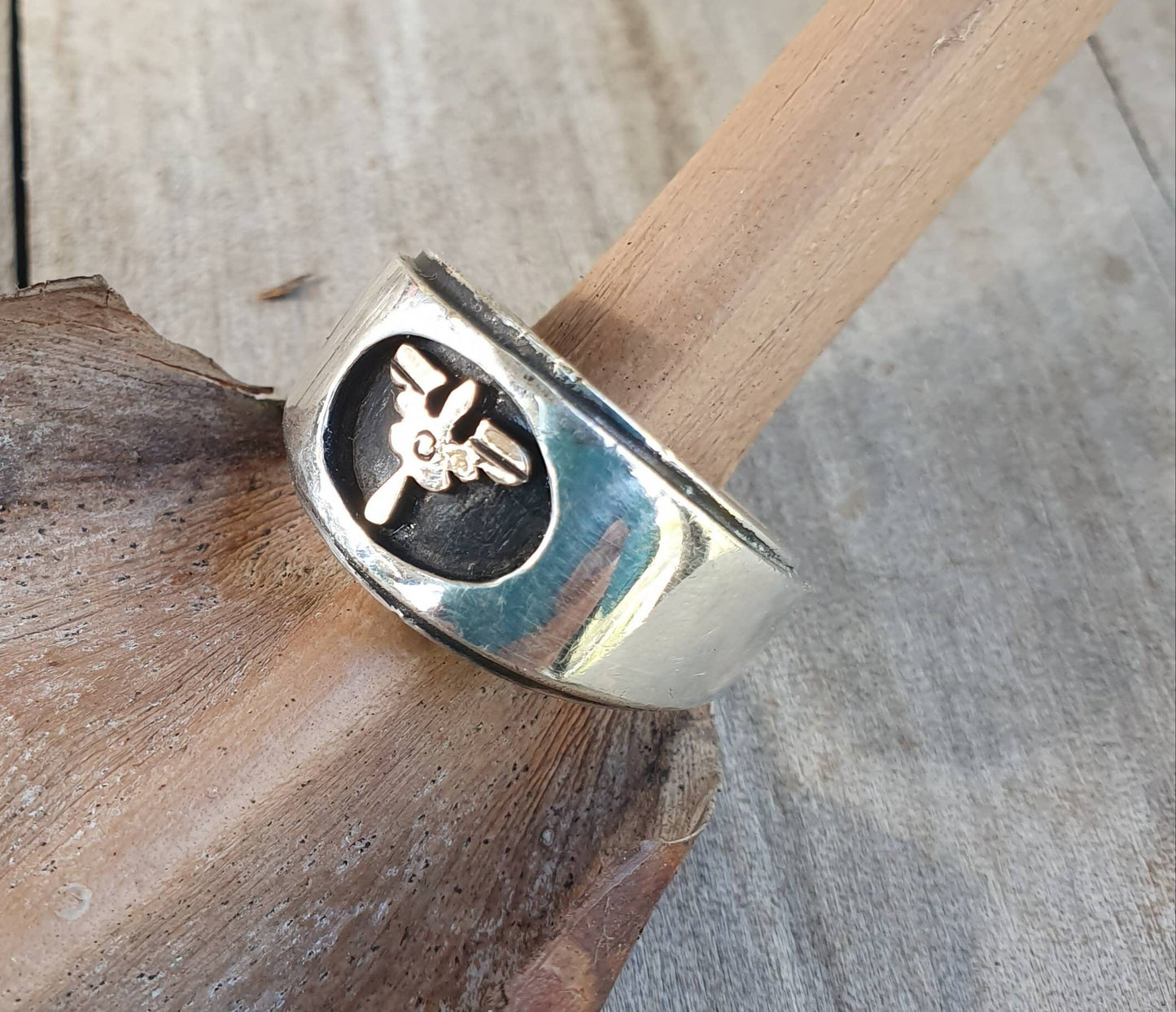 Military ring,two tone signet ring,10k gold and sterling silver,aviation,parachutist, gold symbol , wedding ring,winged   symbol