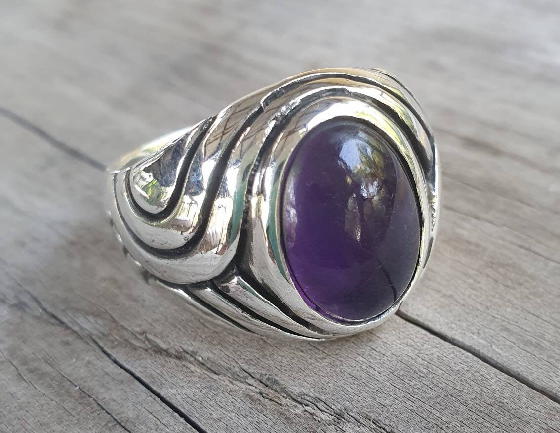 Amethyst ring,sterling silver,chunky,heavy and solid,modern bespoke,boho,dress wedding dress ring