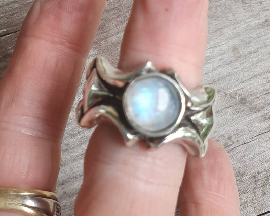 Moonstone   ring,chunky,solid sterling silver band,unusual pyramid shaped, industrial band,mans garnet wedding dress ring