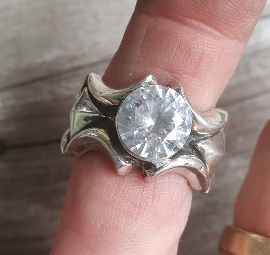 Chunky ring,solid sterling silver,cubic zirconia,cz,unusual pyramid shaped, industrial band,mans cz wedding dress ring