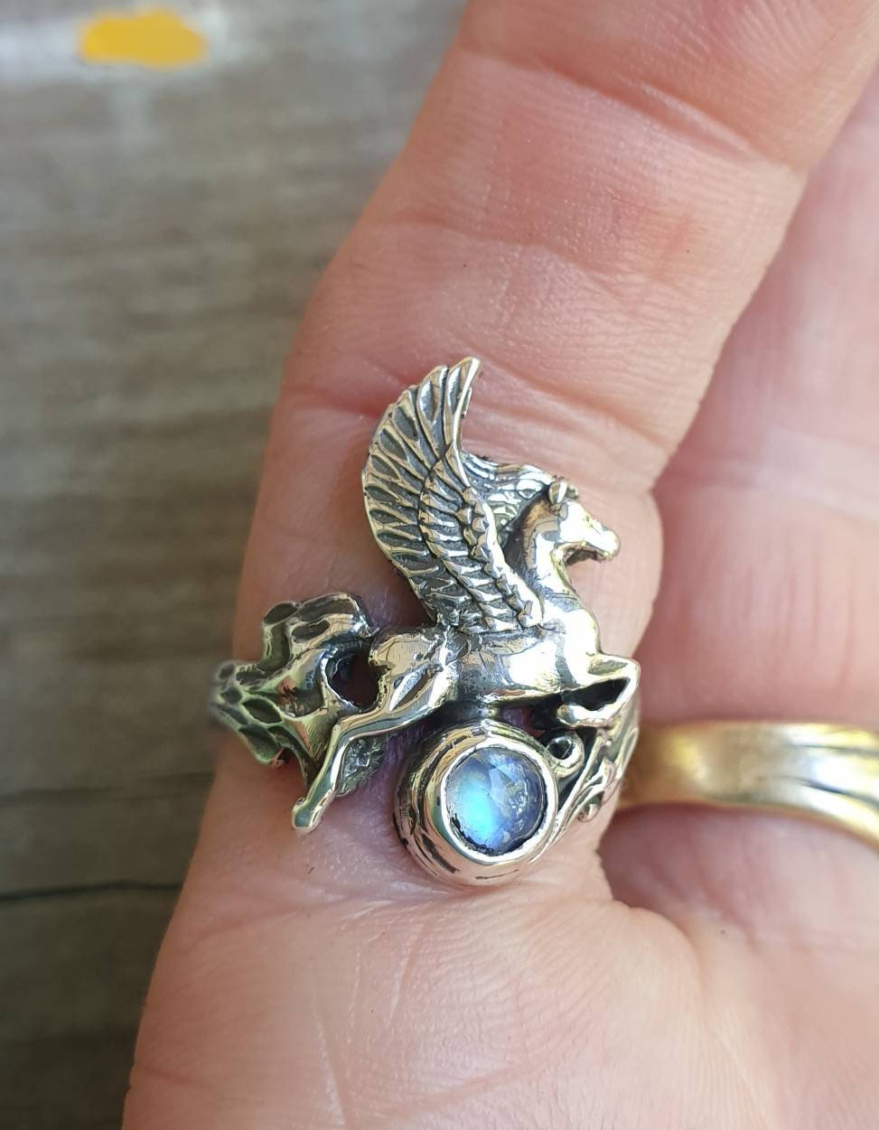 PEGASUS ring,moonstone, sterling silver,mythical horse, unicorn,fantasy,new age,magic,mystical, boho,hippy,gypsy,art nouveau,handmade,goddes