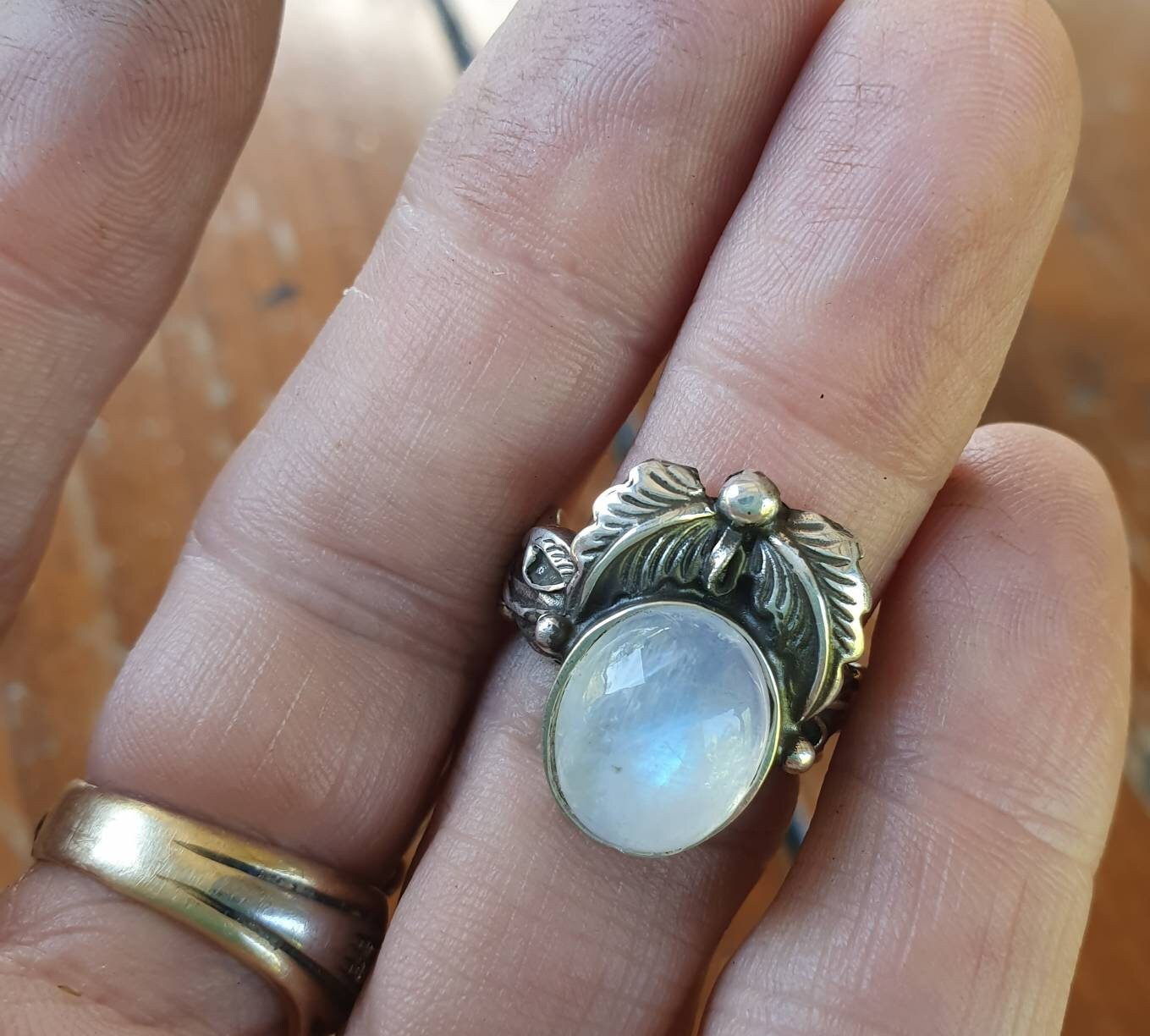 Rainbow moonstone ring,leaf ring, sterling silver,handmade, steampunk,gothic, art nouveau, victorian,vintage,boho,gypsy,tribal,filigree,
