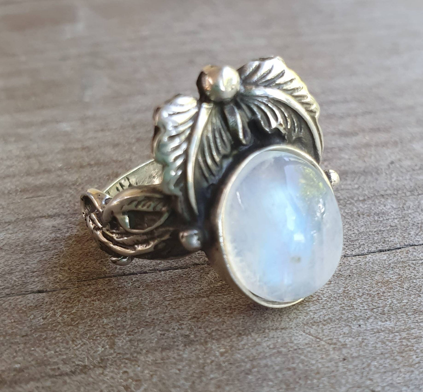 Rainbow moonstone ring,leaf ring, sterling silver,handmade, steampunk,gothic, art nouveau, victorian,vintage,boho,gypsy,tribal,filigree,