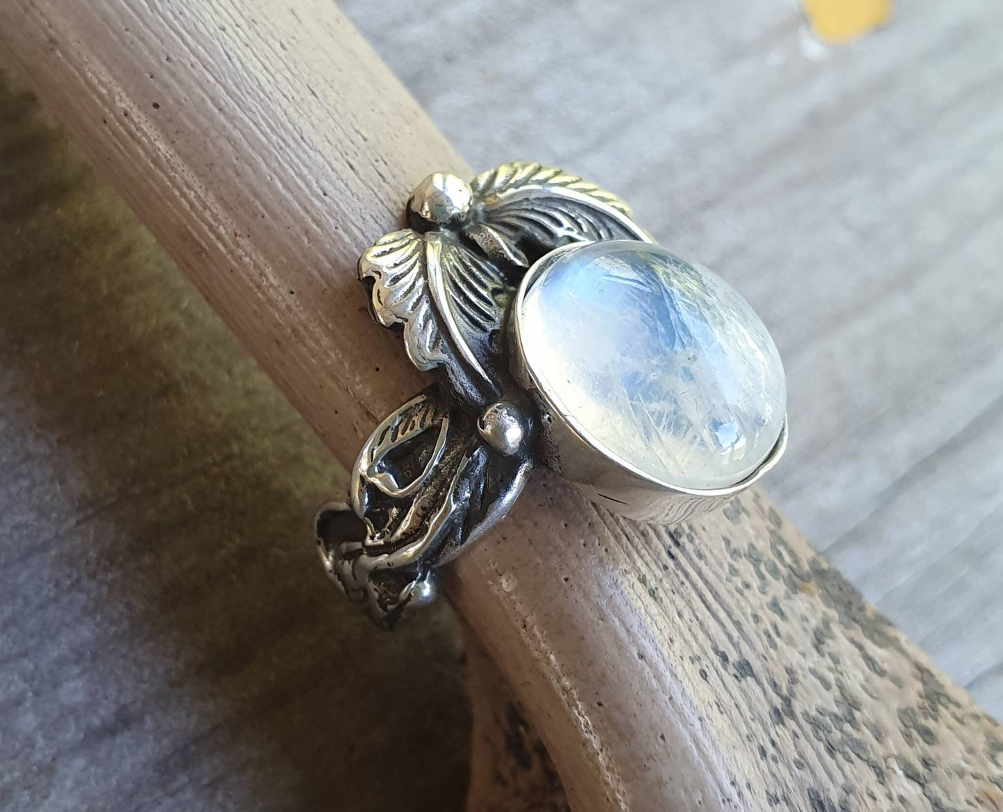 Rainbow moonstone ring,leaf ring, sterling silver,handmade, steampunk,gothic, art nouveau, victorian,vintage,boho,gypsy,tribal,filigree,