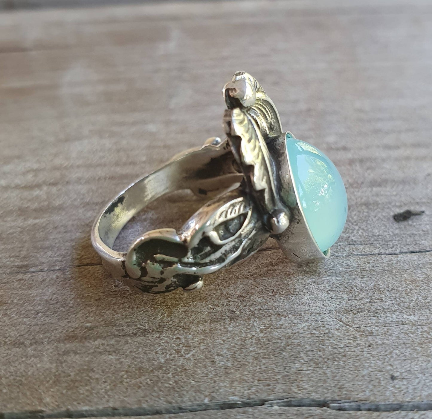 Blue chalcedony, leaf ring, sterling silver,handmade, steampunk,gothic, art nouveau, victorian,vintage,boho,designer ,gypsy,tribal,filigree,